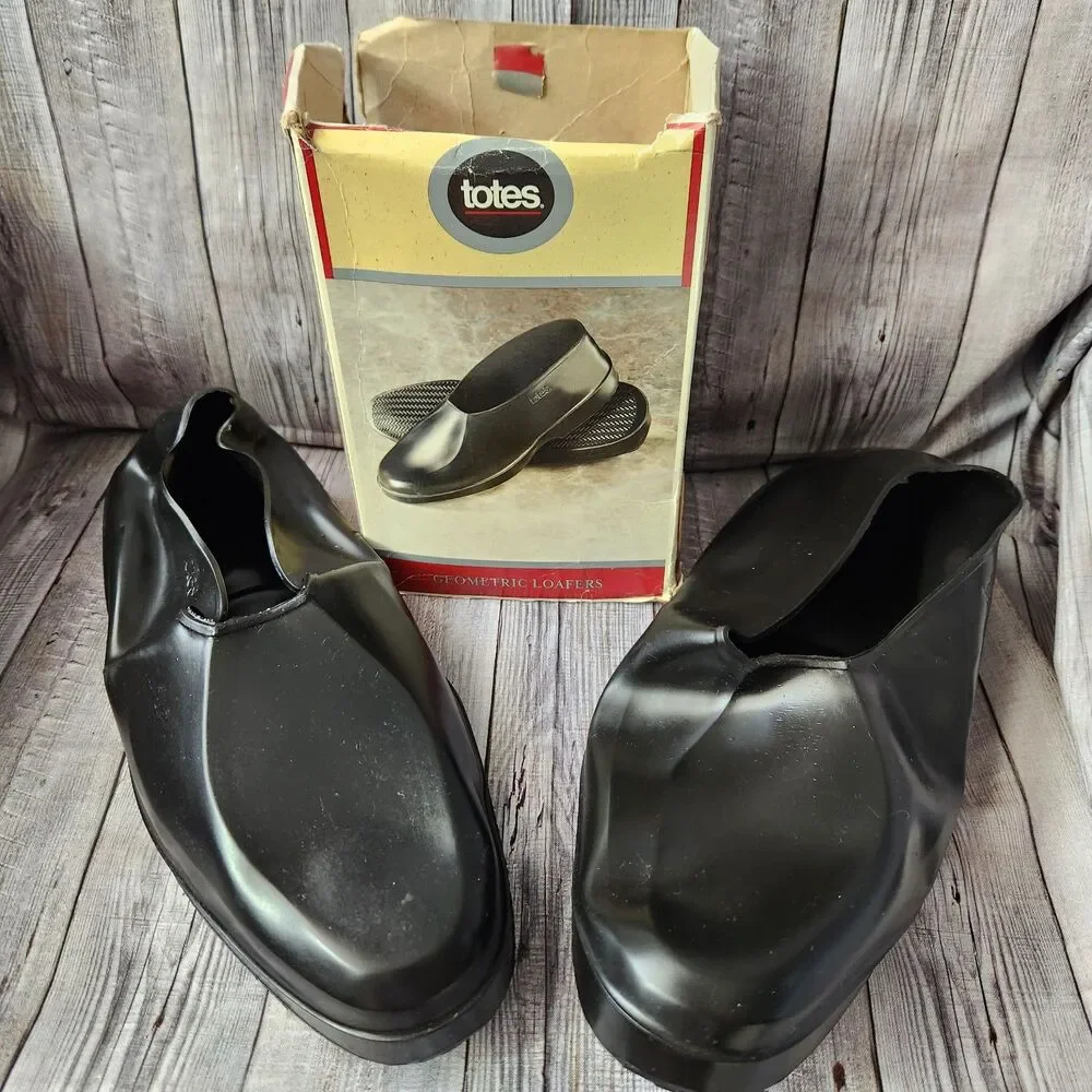 Totes Mens Rubber Loafer Rain Covers Overshoe Black Geometric Medium 8.5-9.5 NIB